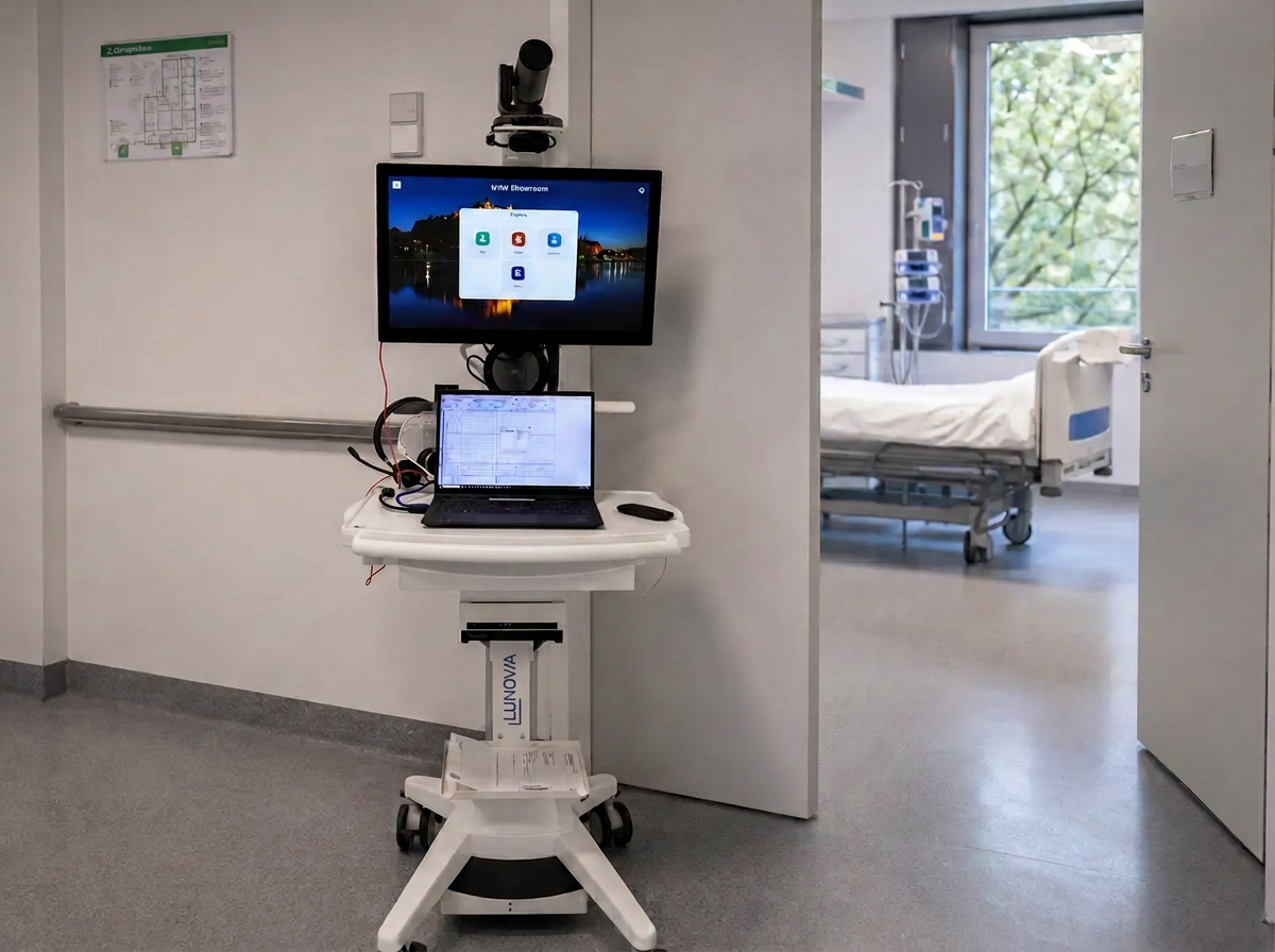 Mobiles Telemedizinsystem einsatzbereit im Krankenhausflur vor einem Patientenzimmer