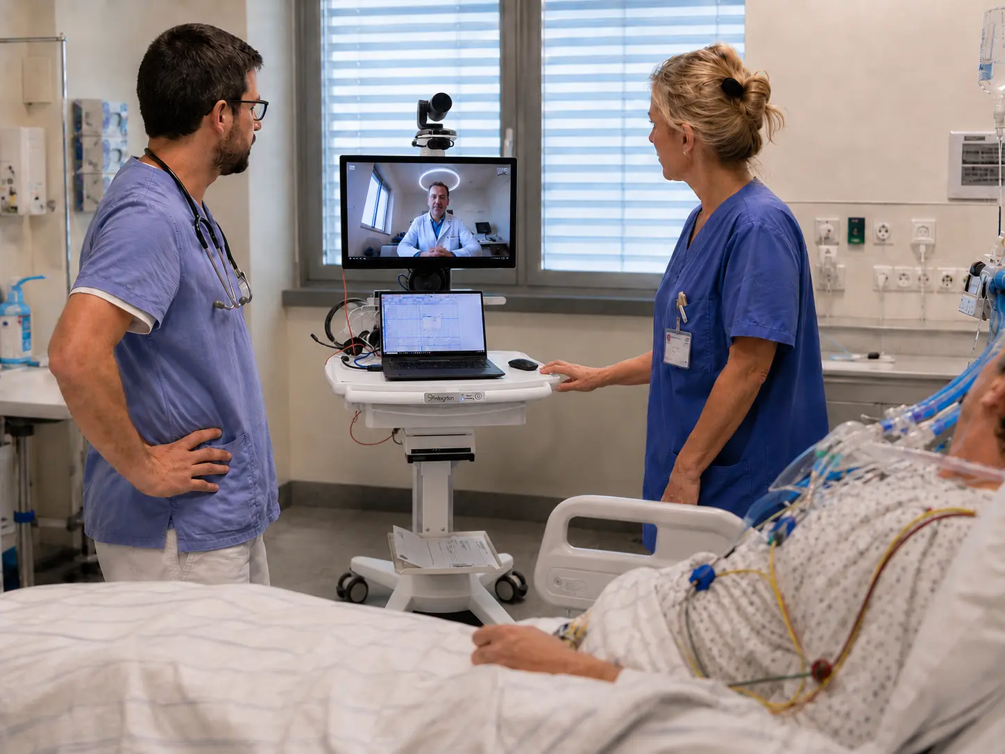 Pflegekraft und Arzt nutzen das mobile Telemedizinsystem am Patientenbett
