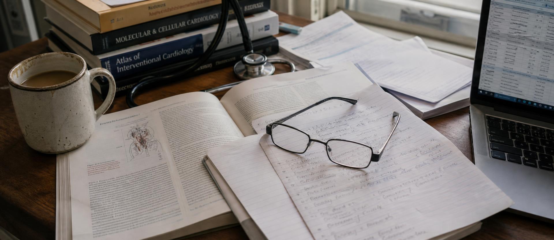 Arztschreibtisch mit aufgeschlagener Fachzeitschrift, handschriftlichen Notizen, Brille und Stethoskop