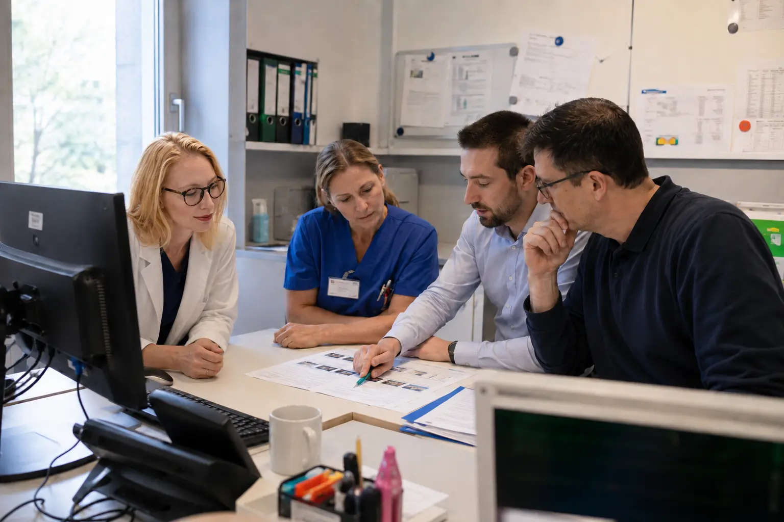 Klinisches Team prüft gemeinsam Unterlagen und Abläufe an einem Stationsarbeitsplatz