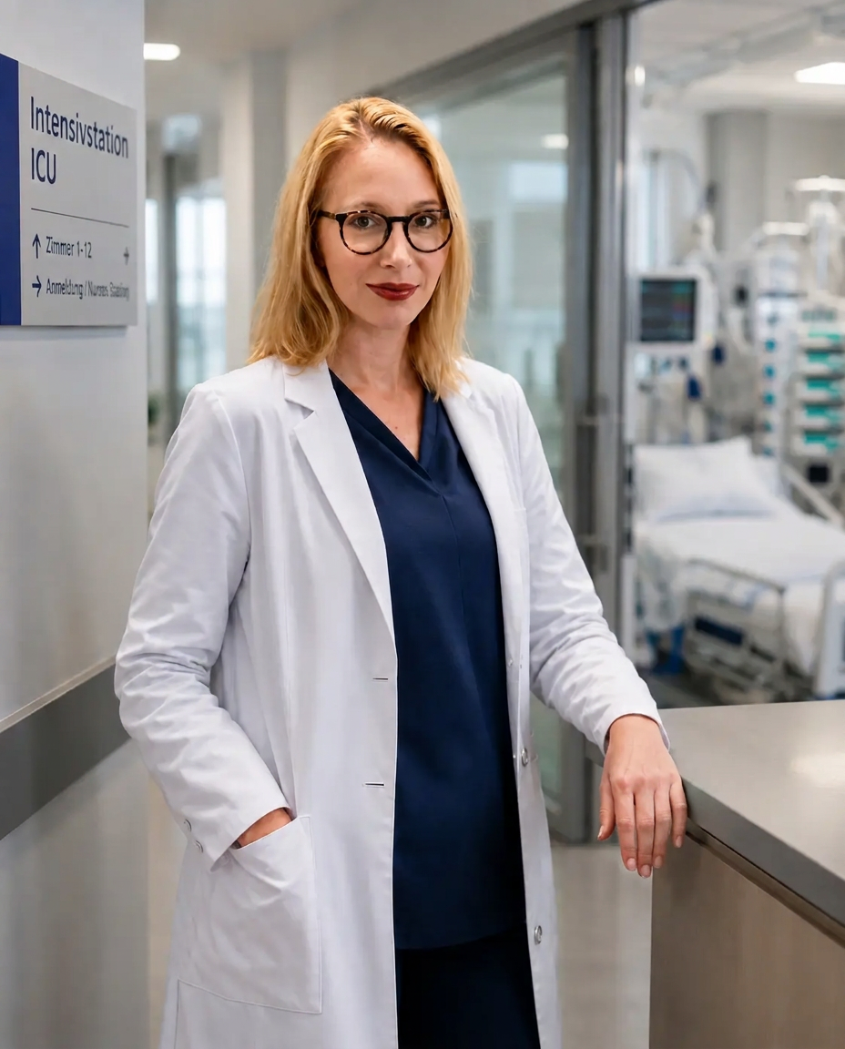 Dr. Dr. Nora Schorscher am Eingang einer Intensivstation